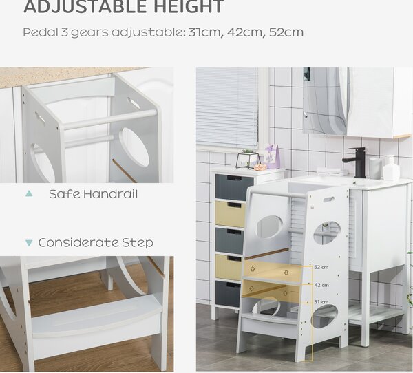 HOMCOM Toddler Step Stool Kids Adjustable Standing Tower with Safety Rail for Kitchen Counter Grey Aosom UK