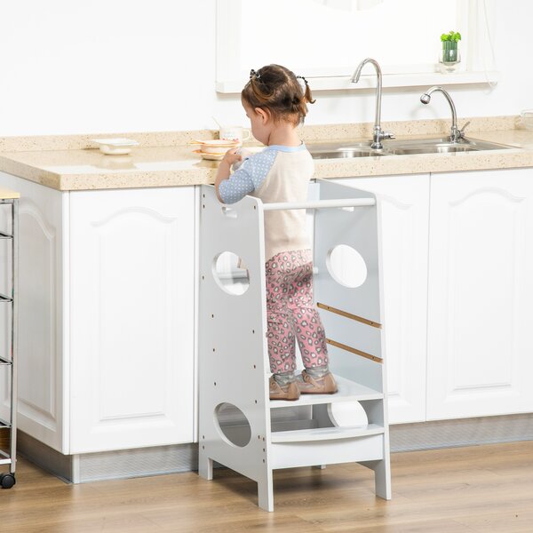 HOMCOM Toddler Step Stool Kids Adjustable Standing Tower with Safety Rail for Kitchen Counter Grey Aosom UK