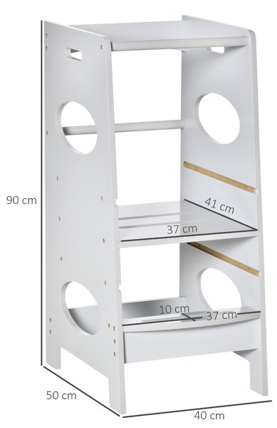 HOMCOM Toddler Step Stool Kids Adjustable Standing Tower with Safety Rail for Kitchen Counter Grey Aosom UK