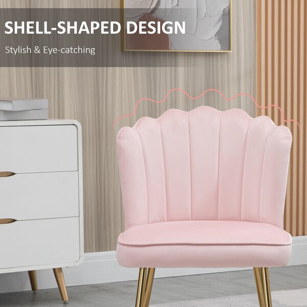 Velvet-Feel Shell Luxe Accent Chair, HOMCOM Glam Vanity Chair Makeup Seat, Home Bedroom Lounge with Metal Legs Comfort Padding, Pink Aosom UK