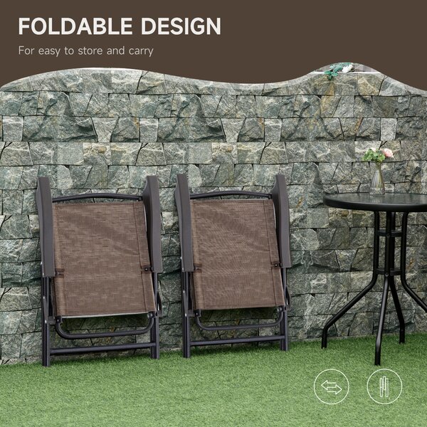 Outsunny 3 Piece Patio Furniture Garden Bistro Set Outdoor 2 Folding Chairs 1 Tempered Glass Table Adjustable Backrest Metal - Brown Aosom UK