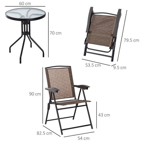 Outsunny 3 Piece Patio Furniture Garden Bistro Set Outdoor 2 Folding Chairs 1 Tempered Glass Table Adjustable Backrest Metal - Brown Aosom UK