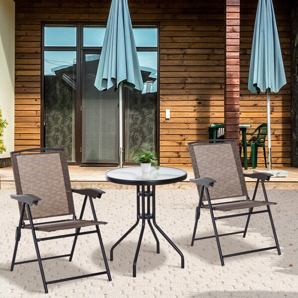 Outsunny 3 Piece Patio Furniture Garden Bistro Set Outdoor 2 Folding Chairs 1 Tempered Glass Table Adjustable Backrest Metal - Brown Aosom UK