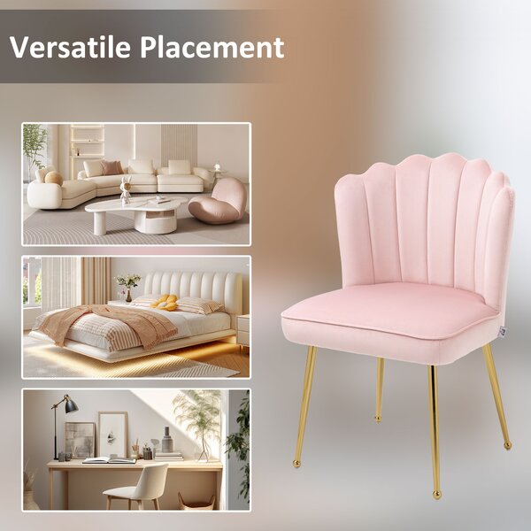 Velvet-Feel Shell Luxe Accent Chair, HOMCOM Glam Vanity Chair Makeup Seat, Home Bedroom Lounge with Metal Legs Comfort Padding, Pink Aosom UK