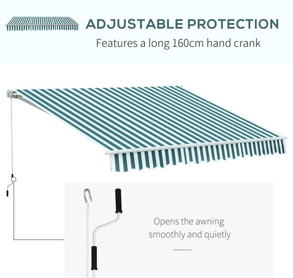 Outsunny 3 x 2.5m Patio Awning, Anti-UV and Waterproof Sun Shade Canopy with Chain Drive and Hand Crank, Green/White Stripes Aosom UK