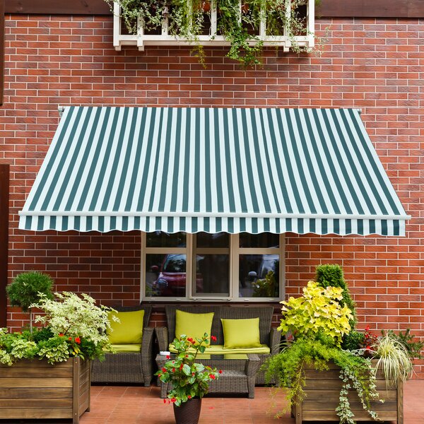 Outsunny 3 x 2.5m Patio Awning, Anti-UV and Waterproof Sun Shade Canopy with Chain Drive and Hand Crank, Green/White Stripes Aosom UK