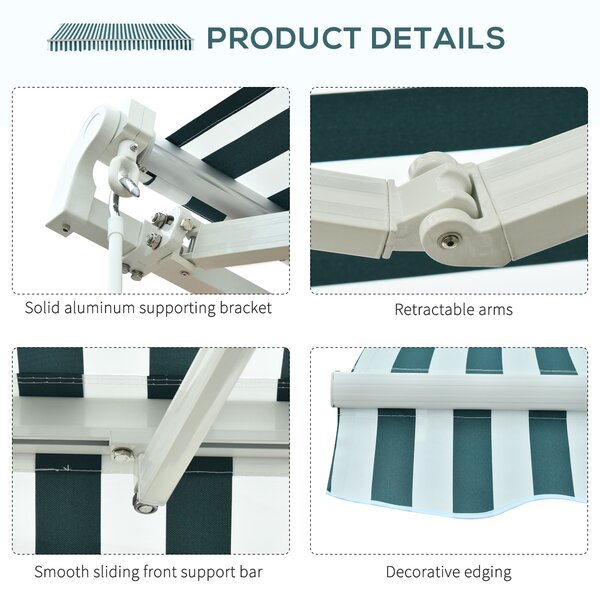 Outsunny 3 x 2.5m Patio Awning, Anti-UV and Waterproof Sun Shade Canopy with Chain Drive and Hand Crank, Green/White Stripes Aosom UK