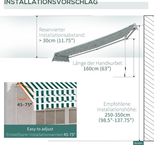 Outsunny 3 x 2.5m Patio Awning, Anti-UV and Waterproof Sun Shade Canopy with Chain Drive and Hand Crank, Green/White Stripes Aosom UK