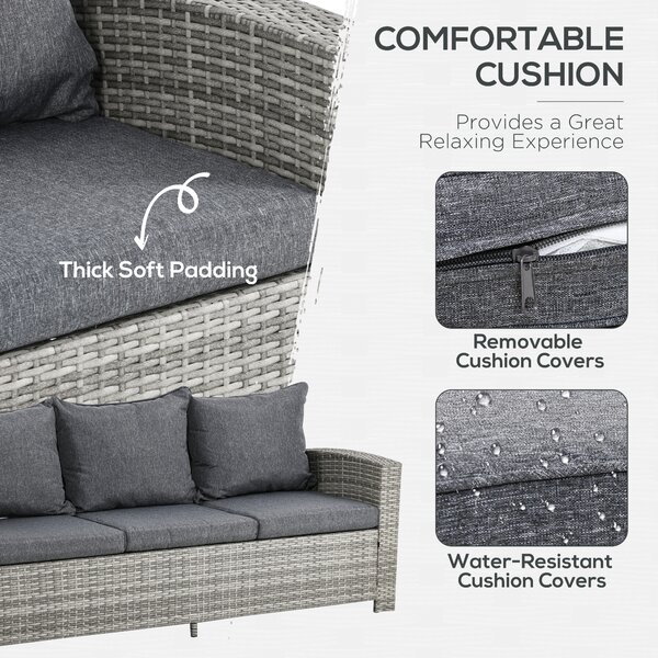 Outsunny 7-Seater Rattan Dining Set Sofa Table Garden Rattan Furniture Footstool Outdoor w/ Cushion, Grey Aosom UK