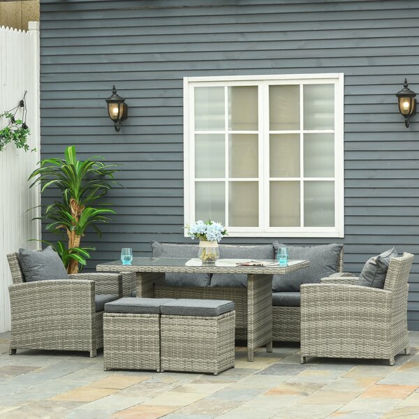 Outsunny 7-Seater Rattan Dining Set Sofa Table Garden Rattan Furniture Footstool Outdoor w/ Cushion, Grey Aosom UK