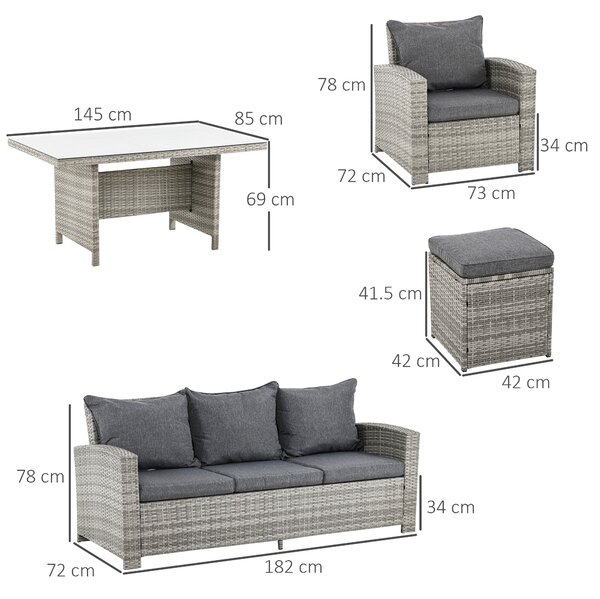Outsunny 7-Seater Rattan Dining Set Sofa Table Garden Rattan Furniture Footstool Outdoor w/ Cushion, Grey Aosom UK