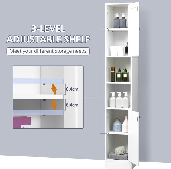 Kleankin Free Standing Bathroom Cabinet with Mirror, Tallboy Unit with Adjustable Shelves, 30W x 28D x 180Hcm, White Aosom UK