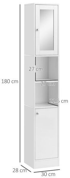 Kleankin Free Standing Bathroom Cabinet with Mirror, Tallboy Unit with Adjustable Shelves, 30W x 28D x 180Hcm, White Aosom UK
