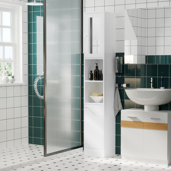 Kleankin Free Standing Bathroom Cabinet with Mirror, Tallboy Unit with Adjustable Shelves, 30W x 28D x 180Hcm, White Aosom UK