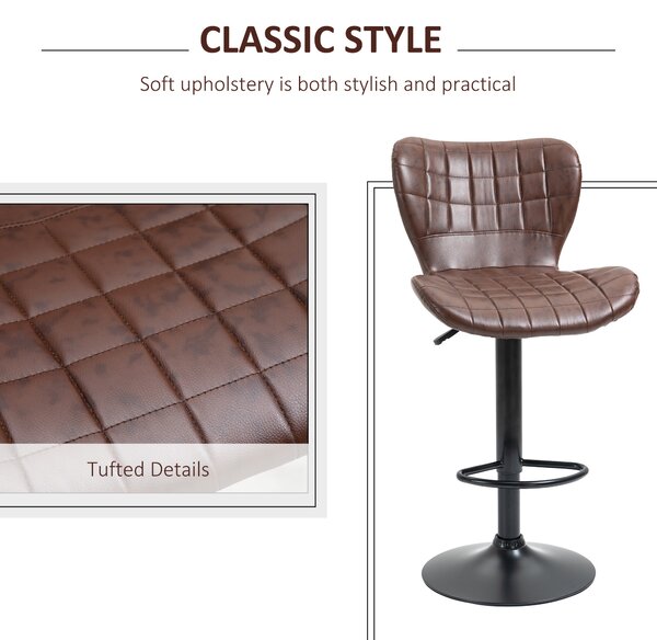 HOMCOM Bar Stools Set of 2 Adjustable Height Swivel Bar Chairs in PU Leather with Backrest & Footrest, Brown