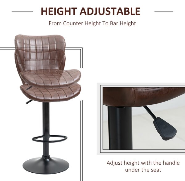 HOMCOM Bar Stools Set of 2 Adjustable Height Swivel Bar Chairs in PU Leather with Backrest & Footrest, Brown