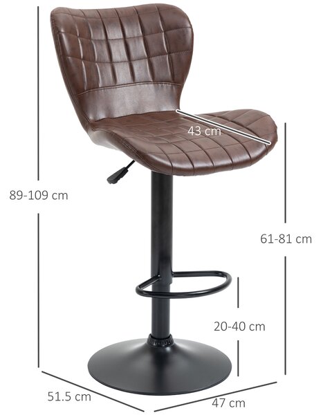 HOMCOM Bar Stools Set of 2 Adjustable Height Swivel Bar Chairs in PU Leather with Backrest & Footrest, Brown