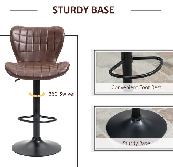HOMCOM Bar Stools Set of 2 Adjustable Height Swivel Bar Chairs in PU Leather with Backrest & Footrest, Brown