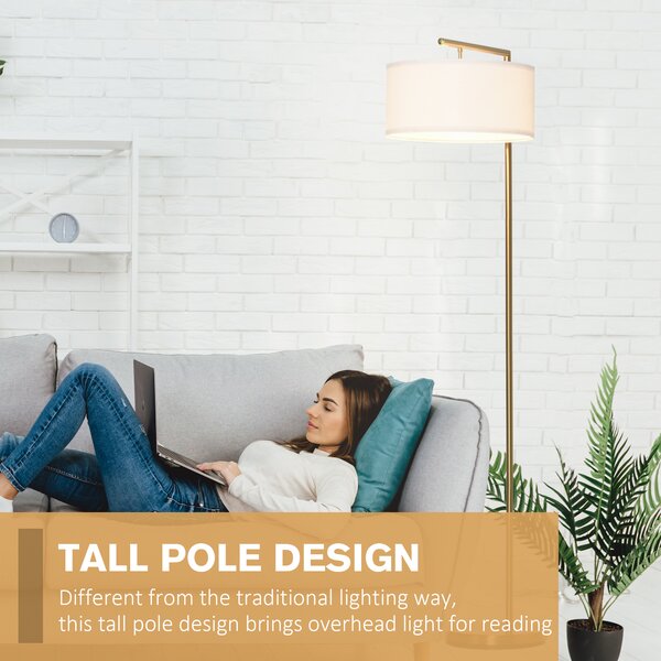 HOMCOM Floor Lights with Linen Lampshade, Round Base, Modern Floor Standing Lamp for Living Room, Bedroom, Dining Room, Gold and White Aosom UK
