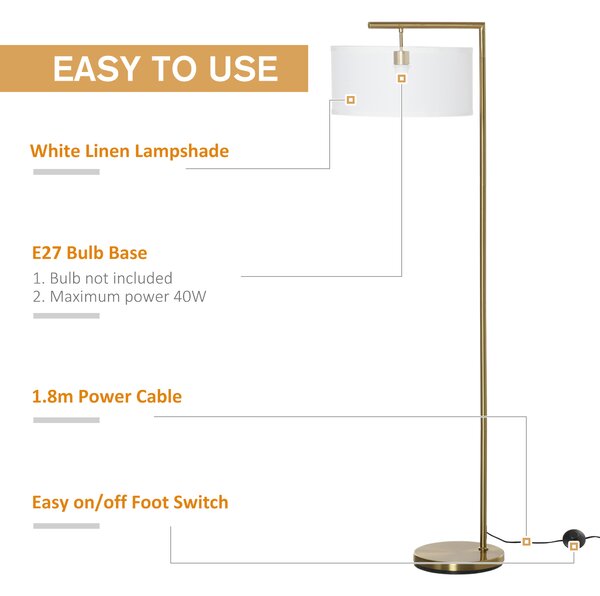 HOMCOM Floor Lights with Linen Lampshade, Round Base, Modern Floor Standing Lamp for Living Room, Bedroom, Dining Room, Gold and White Aosom UK