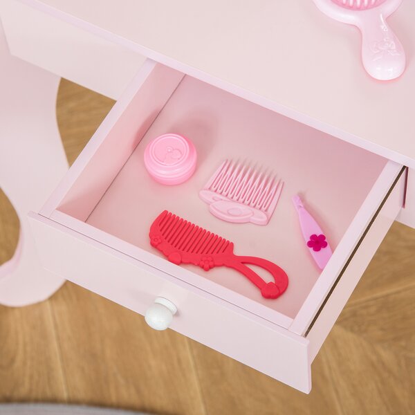 HOMCOM Kids Vanity Table & Stool Girls Dressing Set Make Up Desk Chair Dresser Play Set with Mirror Pink Aosom UK