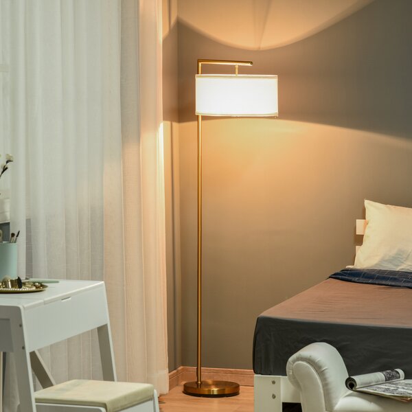 HOMCOM Floor Lights with Linen Lampshade, Round Base, Modern Floor Standing Lamp for Living Room, Bedroom, Dining Room, Gold and White Aosom UK