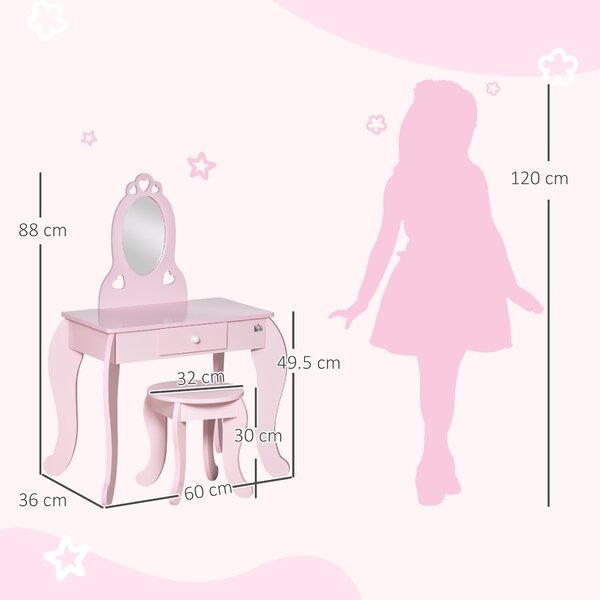 HOMCOM Kids Vanity Table & Stool Girls Dressing Set Make Up Desk Chair Dresser Play Set with Mirror Pink Aosom UK