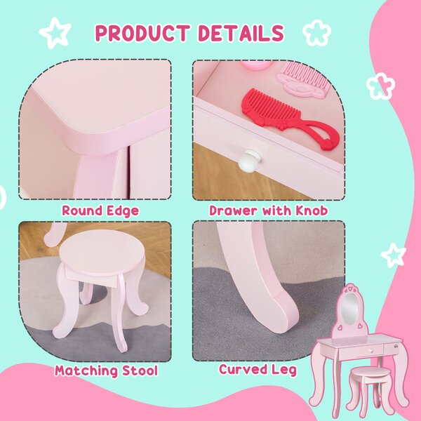 HOMCOM Kids Vanity Table & Stool Girls Dressing Set Make Up Desk Chair Dresser Play Set with Mirror Pink Aosom UK