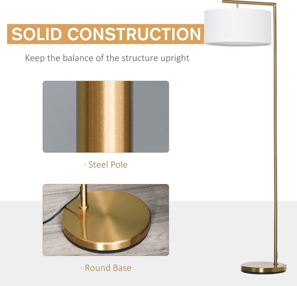 HOMCOM Floor Lights with Linen Lampshade, Round Base, Modern Floor Standing Lamp for Living Room, Bedroom, Dining Room, Gold and White Aosom UK