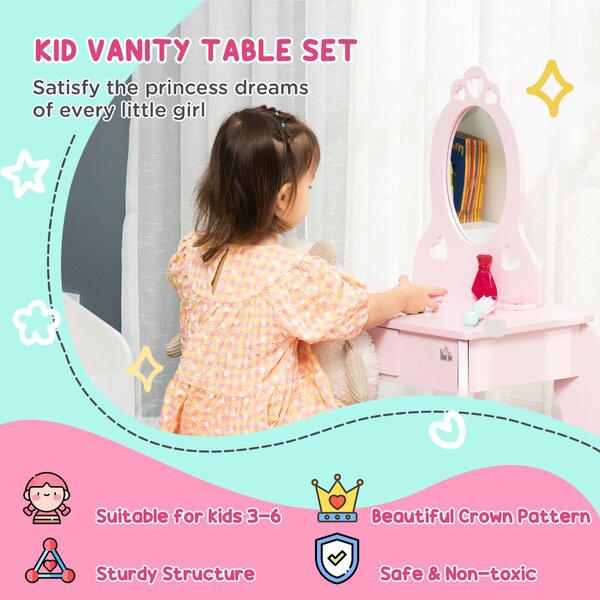 HOMCOM Kids Vanity Table & Stool Girls Dressing Set Make Up Desk Chair Dresser Play Set with Mirror Pink Aosom UK