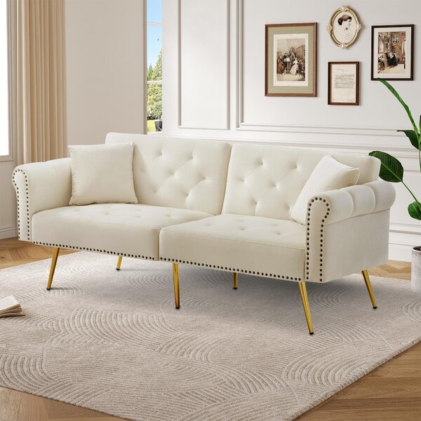 2-Seater Modern Sofa Bed with Independent Backrests, Gold-Plated Metal Feet, Velvet Couch for Living Room, 177L x 74W x 71H cm, White Aosom UK