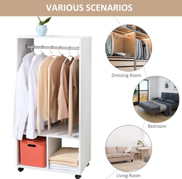 HOMCOM Open Wardrobe with Hanging Rod and Storage Shelves Mobile Garment Rack on Wheels Bedroom, Cloakroom, White