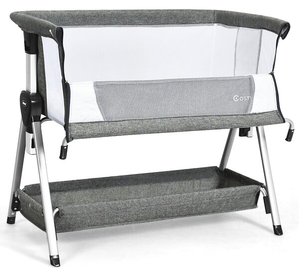 Costway Portable Baby Crib with Adjustable Height and Wheels-Dark Grey