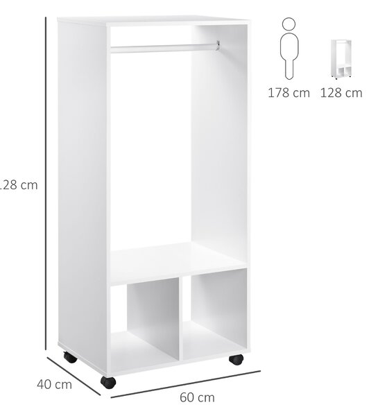 HOMCOM Open Wardrobe with Hanging Rod and Storage Shelves Mobile Garment Rack on Wheels Bedroom, Cloakroom, White