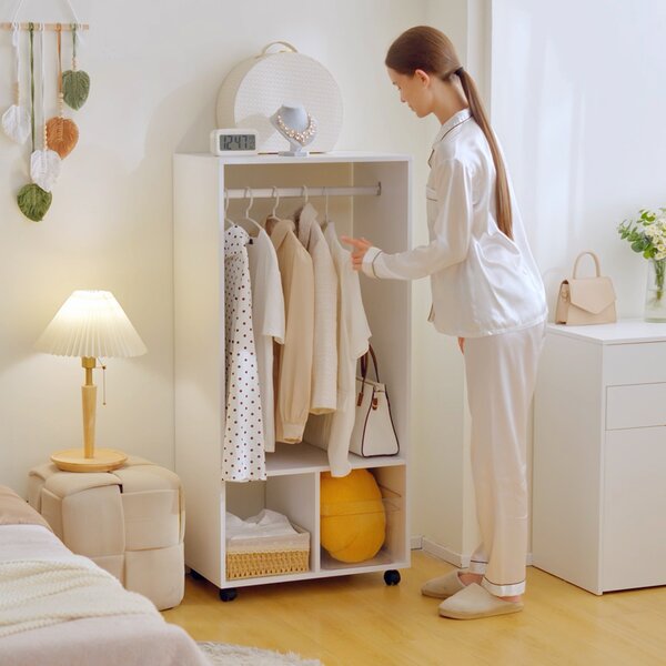 HOMCOM Open Wardrobe with Hanging Rod and Storage Shelves Mobile Garment Rack on Wheels Bedroom, Cloakroom, White