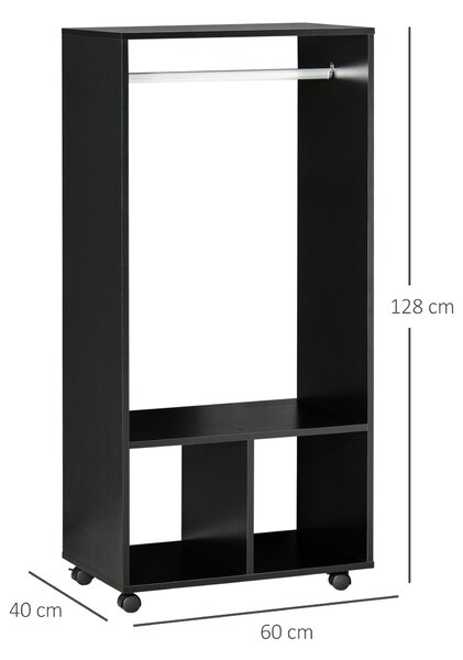 HOMCOM Mobile Open Wardrobe with Clothes Hanging Rail and Storage Shelves, on Wheels, for Bedroom, Dressing Room, Black