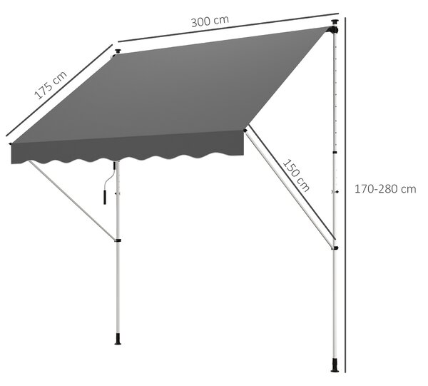 Outsunny Balcony 3 x 1.5m Manual Adjustable Awning DIY Patio Clamp Awning Canopy Retractable Shade Shelter - Grey