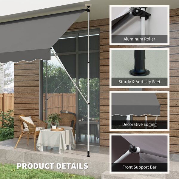 Outsunny Balcony 3 x 1.5m Manual Adjustable Awning DIY Patio Clamp Awning Canopy Retractable Shade Shelter - Grey