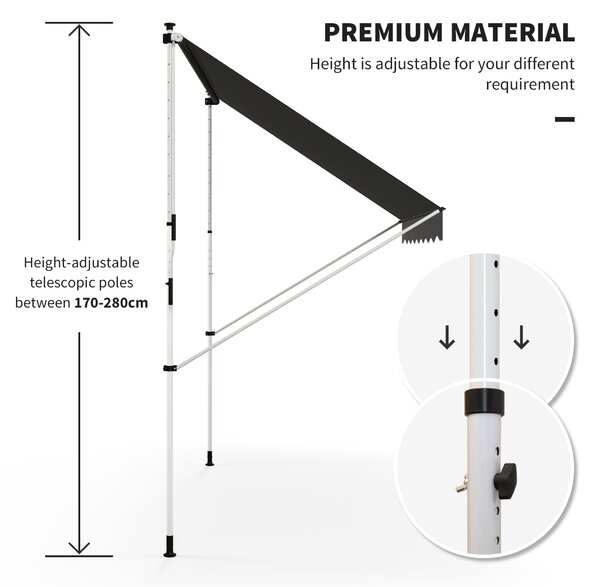 Outsunny Balcony 3 x 1.5m Manual Adjustable Awning DIY Patio Clamp Awning Canopy Retractable Shade Shelter - Grey