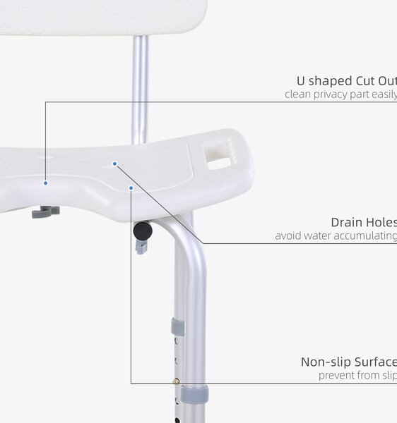HOMCOM 8-Level Height Adjustable Bath Stool Spa Shower Chair Aluminum w/ Non-Slip Feet and Handle, Load Capacity 136kg Aosom UK