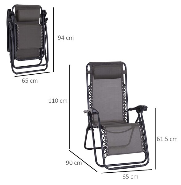 Outsunny Zero Gravity Chair Set of 2, Metal Frame Texteline Armchair Outdoor Folding and Reclining Sun Lounger with Head Pillow for Patio Decking Gardens Camping, Grey