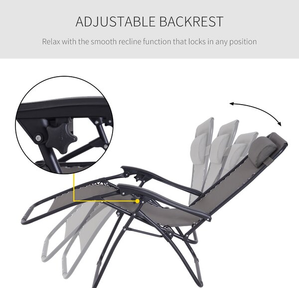 Outsunny Zero Gravity Chair Set of 2, Metal Frame Texteline Armchair Outdoor Folding and Reclining Sun Lounger with Head Pillow for Patio Decking Gardens Camping, Grey