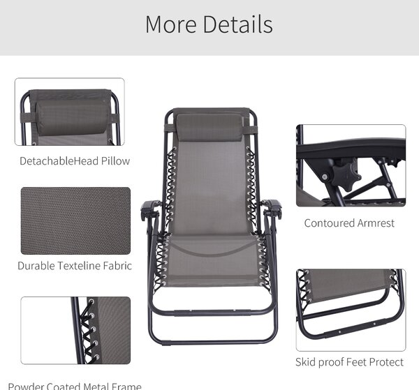 Outsunny Zero Gravity Chair Set of 2, Metal Frame Texteline Armchair Outdoor Folding and Reclining Sun Lounger with Head Pillow for Patio Decking Gardens Camping, Grey
