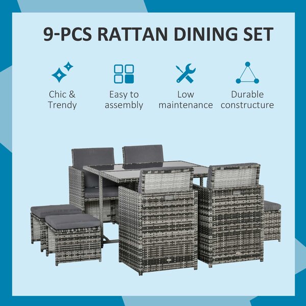 Outsunny 9PC Rattan Dining Set Rattan Garden Furniture with UV Protect, Weave Wicker 8 Seater Stool, Mixed Grey Aosom UK