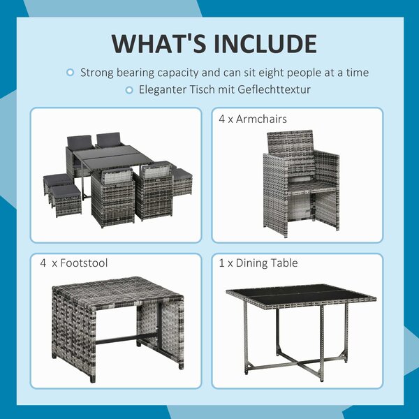 Outsunny 9PC Rattan Dining Set Rattan Garden Furniture with UV Protect, Weave Wicker 8 Seater Stool, Mixed Grey Aosom UK