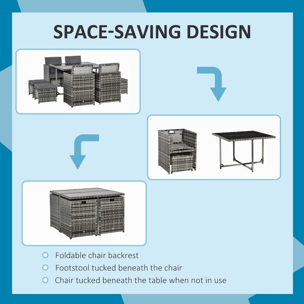 Outsunny 9PC Rattan Dining Set Rattan Garden Furniture with UV Protect, Weave Wicker 8 Seater Stool, Mixed Grey Aosom UK