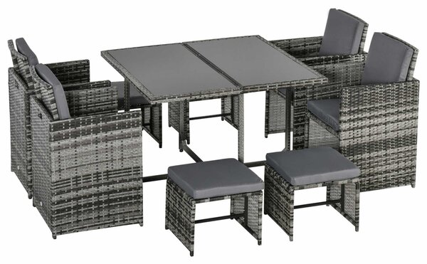 Outsunny 9PC Rattan Dining Set Rattan Garden Furniture with UV Protect, Weave Wicker 8 Seater Stool, Mixed Grey Aosom UK
