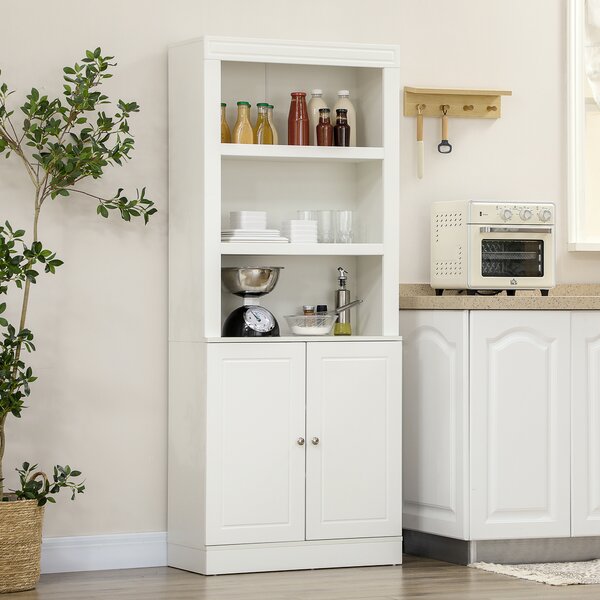 HOMCOM Kitchen Storage Cabinets with 6-tier Shelving, Kitchen Cupboard, Kitchen Larder with 3 Open Compartments and Double-door, White Aosom UK