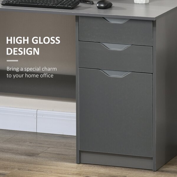 HOMCOM High Gloss Computer Desk with Drawers, Modern Writing Workstation with Storage Cabinet, PC Study Table for Home, Office, Study, Grey Aosom UK
