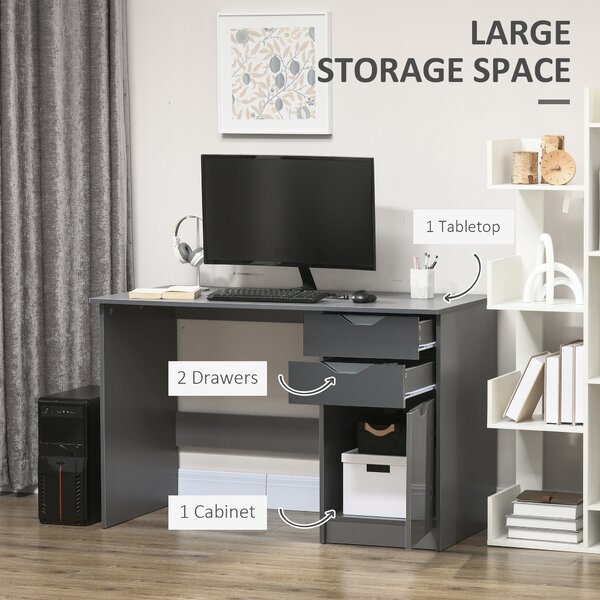HOMCOM High Gloss Computer Desk with Drawers, Modern Writing Workstation with Storage Cabinet, PC Study Table for Home, Office, Study, Grey Aosom UK